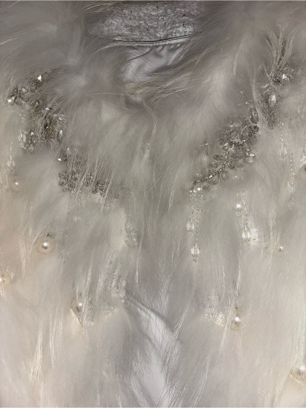 Embellished White Fox Feather Jacket with Pearls